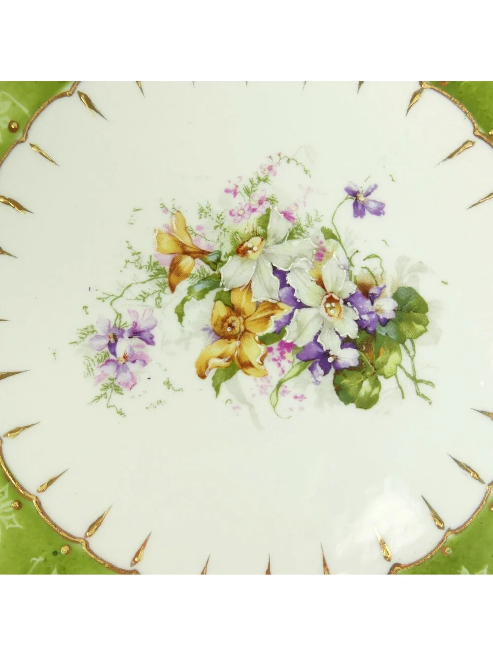 Antique German Porcelain Serving Platter Green Leaf Victorian Flower Gold Handle